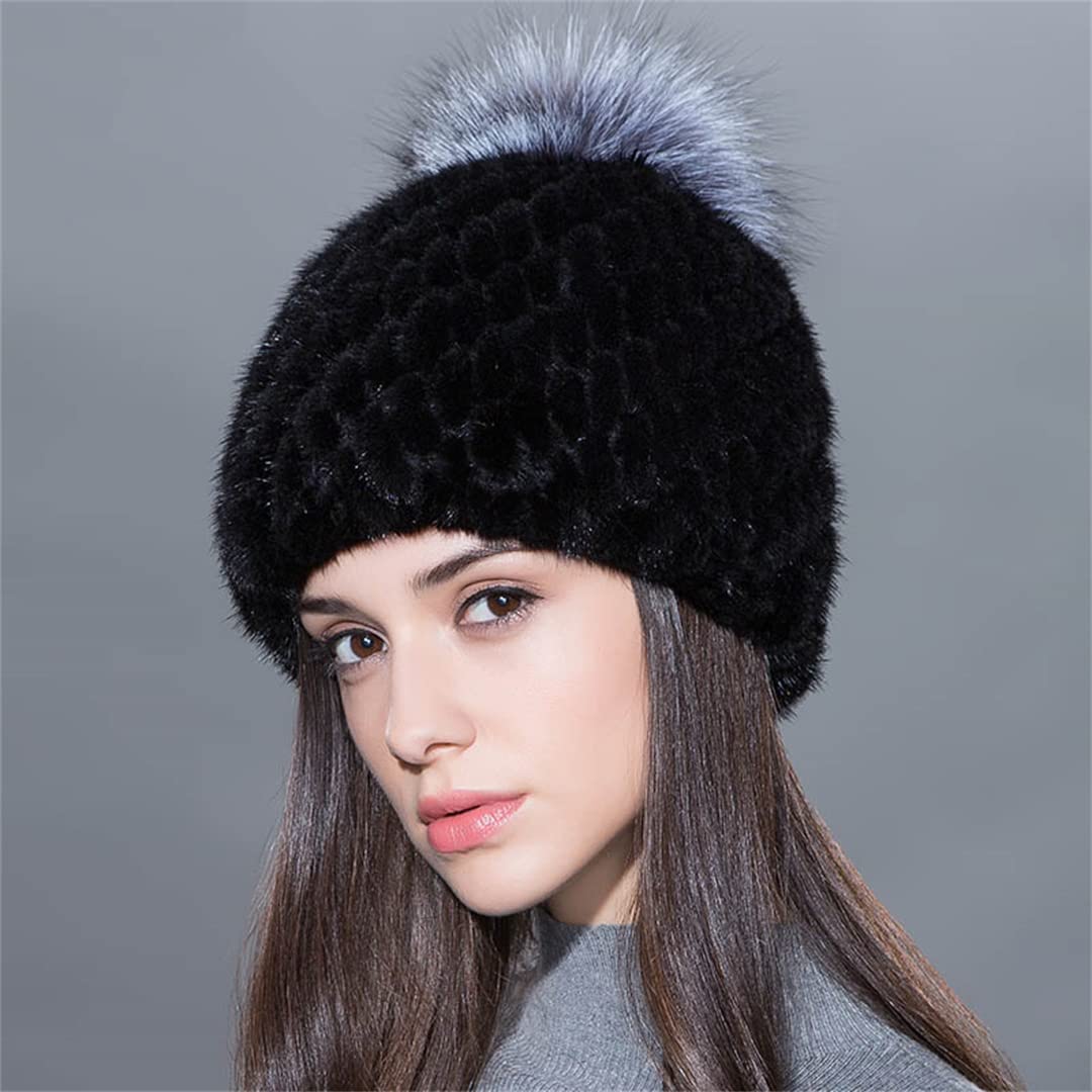 Sombreros de Piel de visón de Invierno para Mujer con pompón Moda Forro de Lana cálido Gorros con Orejeras para Mujer