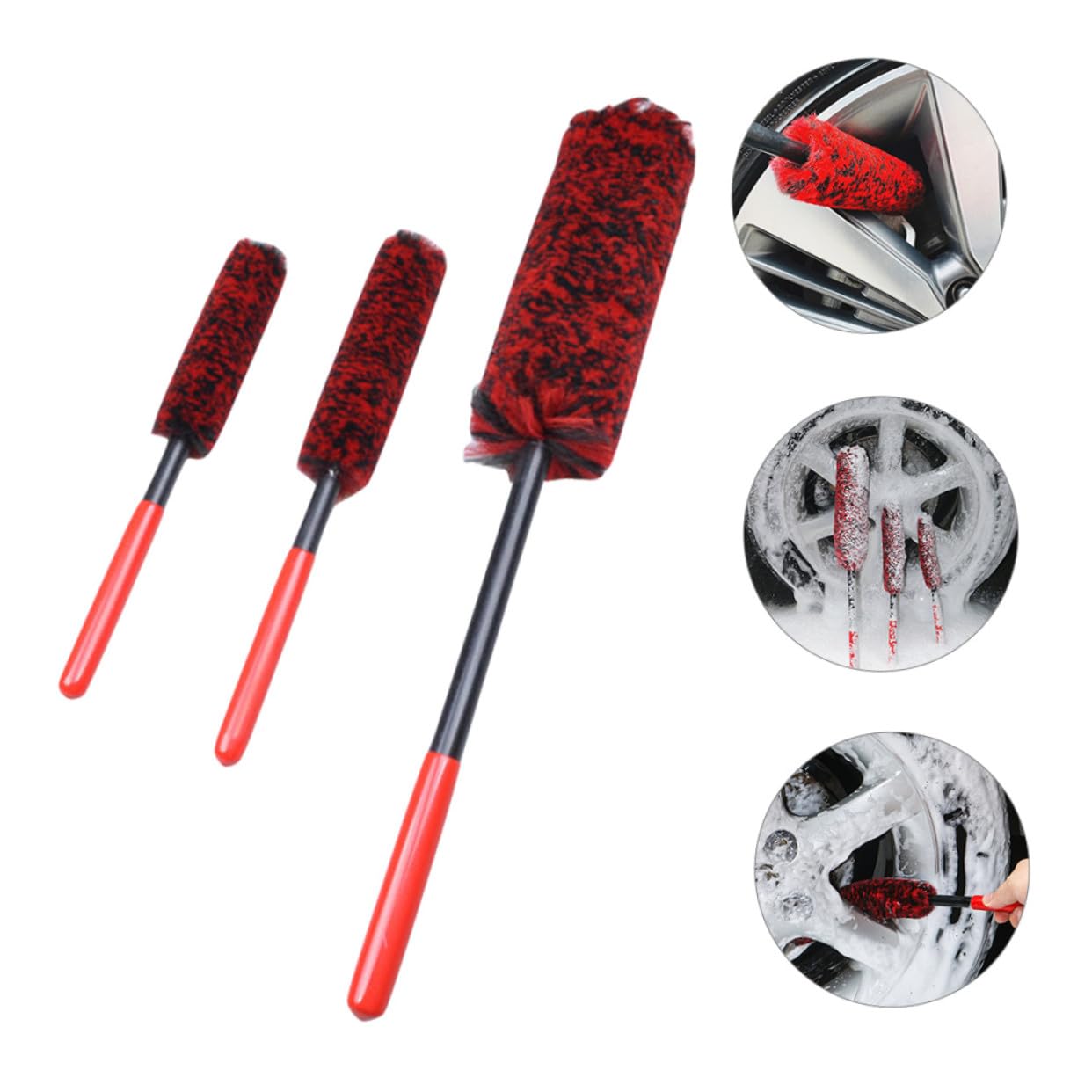 Set 3 Spazzole per Cerchi Auto in Microfibra per Ruote | Manico Ergonomico, Peso Leggero, Fibra e Pom, Set 3 Pezzi per Pneumatici