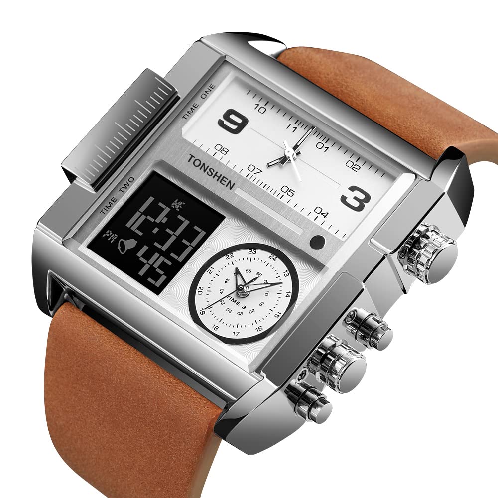 TONSHEN Uomo Fashion Acciaio Inossidabile Digitale Orologi da Polso e Pelle Cinturino Multifunzione LED Elettronico Outdoor Militare Sportivo Orologio Tre Tempo Stile Casual
