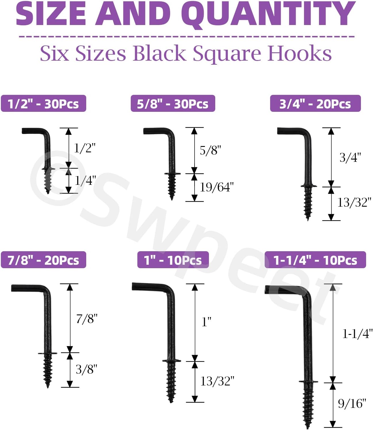 Swpeet 120Pcs 6 Sizes Black Carbon Steel Square Bend Hooks Kit, L Shaped Self-Tapping Screws Hooks L Type Photo Frame Right Angle Hook for Home/Workplace/Office Hanging