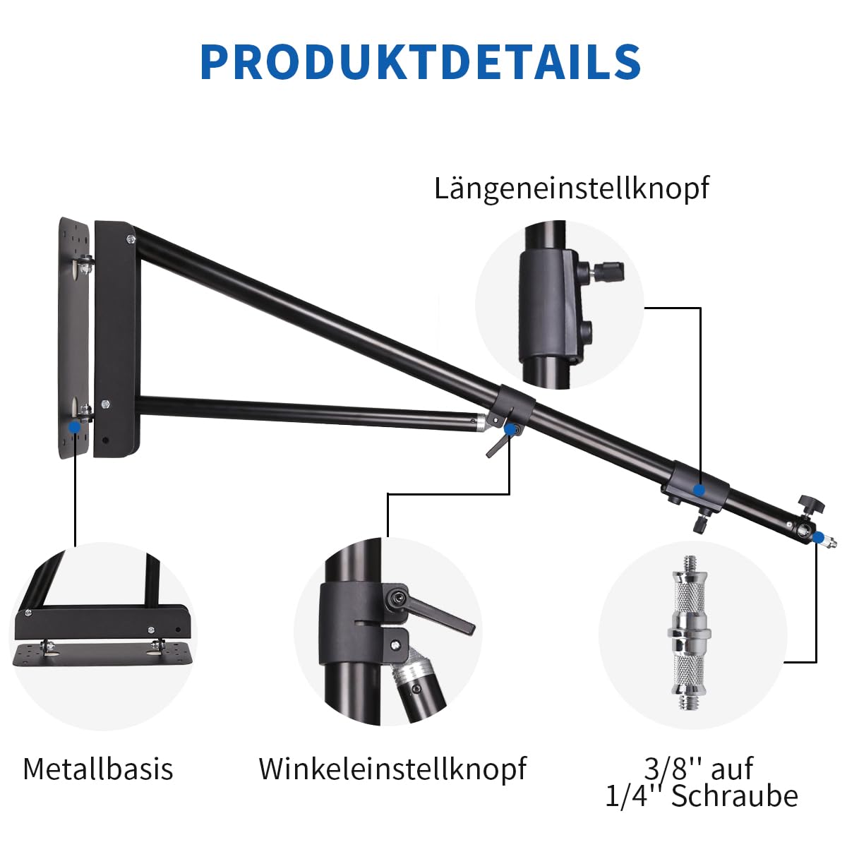 2er-Pack Wandmontage dreieckiger Ausleger Boom Arm 180cm, Ringlichthalterung, Deckenlichtständer, 180° Flexible Drehung für Studio-Videolicht, Blitz, Fotografie, Softbox, Reflektor