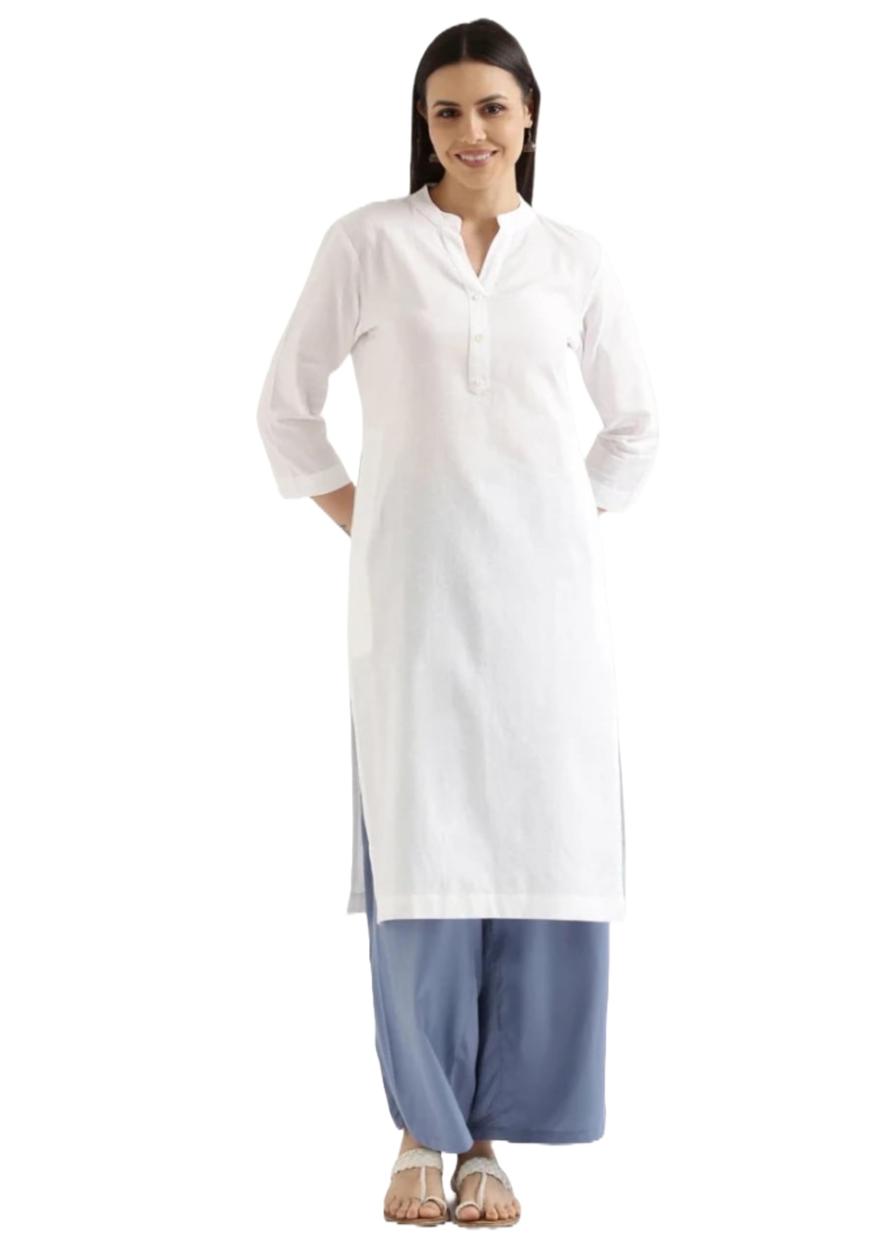 ream Women's Solid Cotton Fabric Calf Length, 3/4 Sleeves and Stylished Mandarine Collar Neck Straight Kurta-picture-11