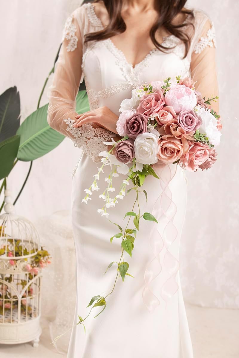 Bridal Bouquet Cascading, Dusty Rose Wedding Bouquets for Bride Bridesmaid 10" Artificial Flowers Bouquet for Wedding Decor