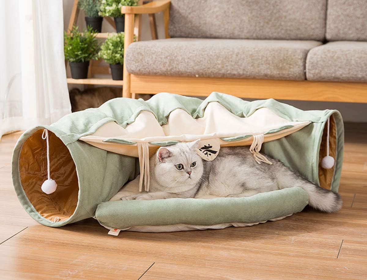 Cat Toys Collapsible Tunnel Bed Cozy Cave, Round Cuddle Snuggery Burrow Pet Litter House Bed Channel Removable Cover for Indoor Rabbits, Kittens and Dogs - Green