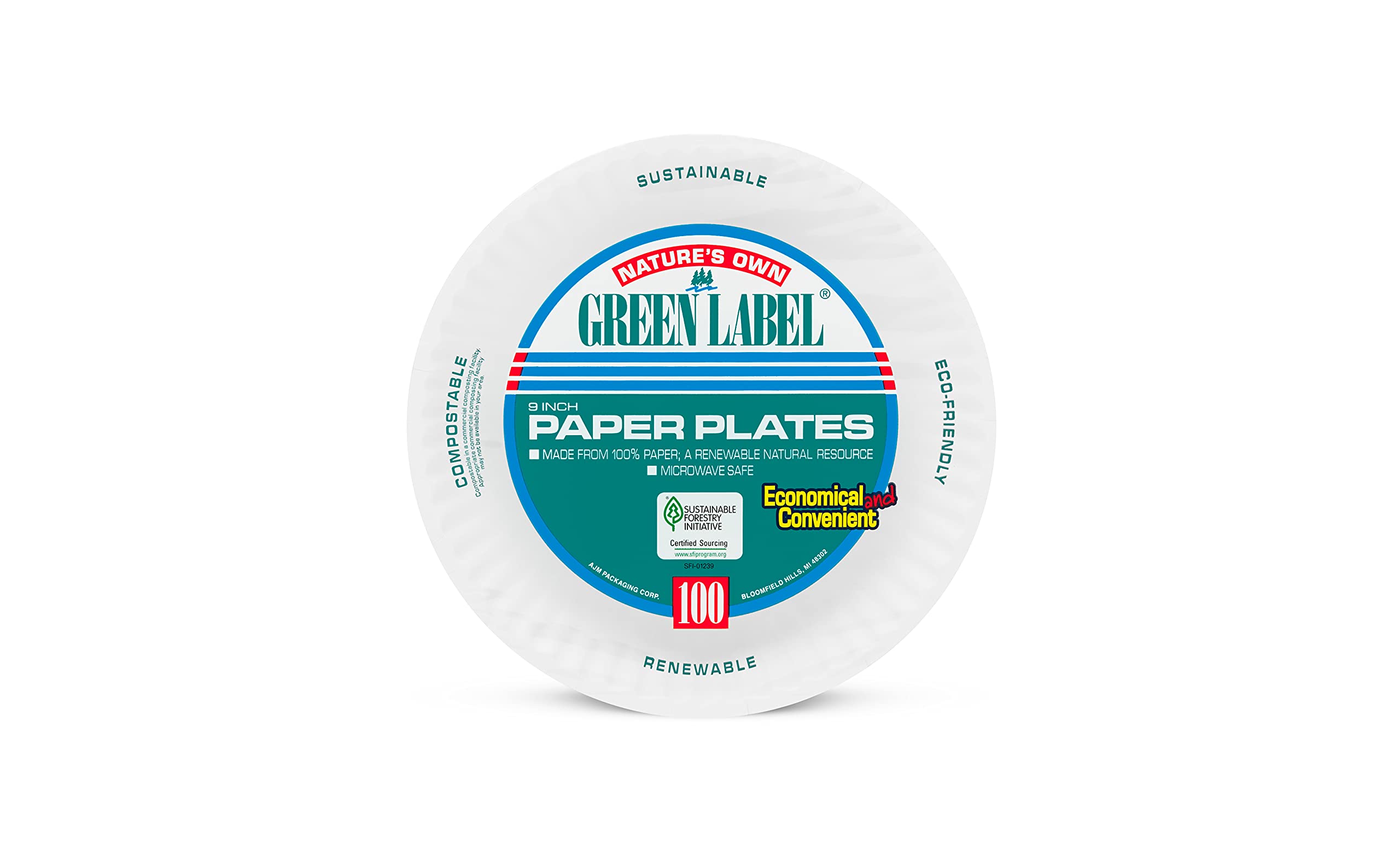 AJM Packaging PP9GREWH 9" White Paper Plates Green Label (10 Packs of 100)