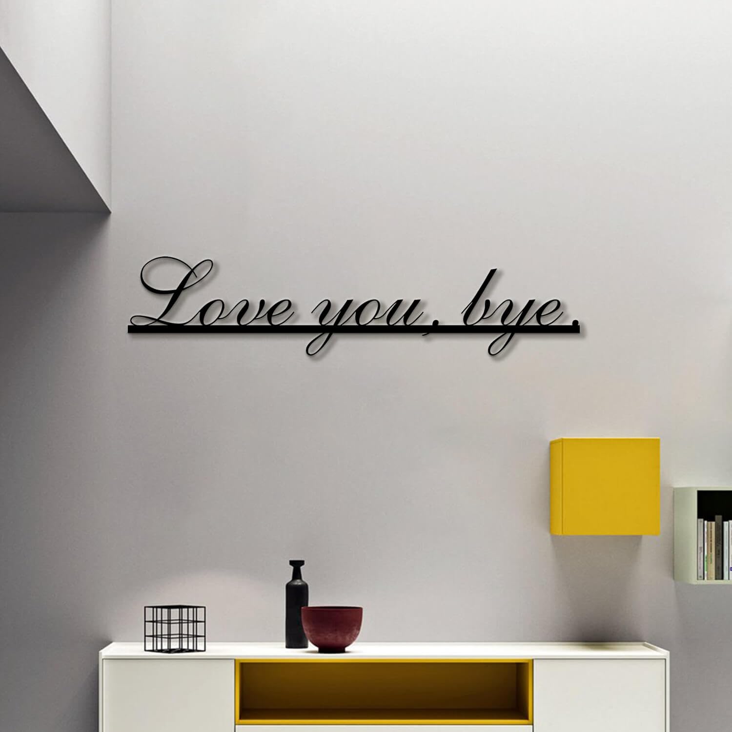 Decorazione murale in Metallo Nero con la Scritta Love You Bye, Moderna, da Appendere sopra la Porta, Scultura Moderna a Tema Amore per Soggiorno, Camera da Letto, corridoio (Nero 76 x 18