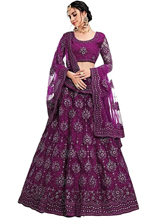 MonravWomen's Net Embroidered Semi-Stitched Lehenga Choli(Multicolor_Free Size), Light red, Free Size