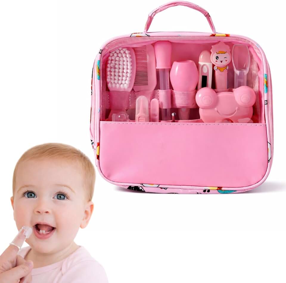 Kit Higiene e Cuidados para Bebês 13 em 1 com Necessaire, Tesoura, Cortador de Unhas, Termômetro Digital, Pente, Escova, Aspirador Nasal, Livre de BPA, Linha Premium - Rosa