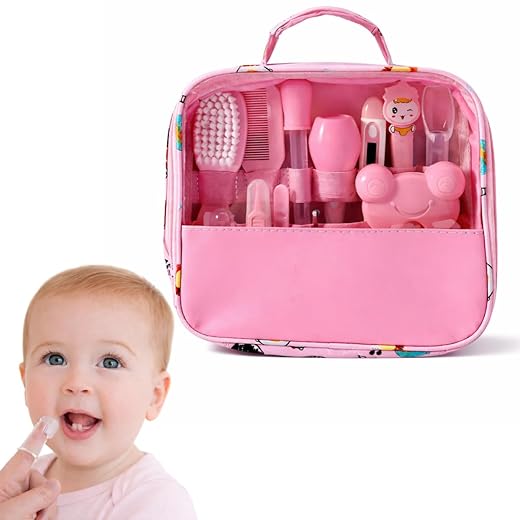 Kit Higiene e Cuidados para Bebês 13 em 1 com Necessaire, Tesoura, Cortador de Unhas, Termômetro Digital, Pente, Escova, Aspirador Nasal, Livre de BPA, Linha Premium - Rosa