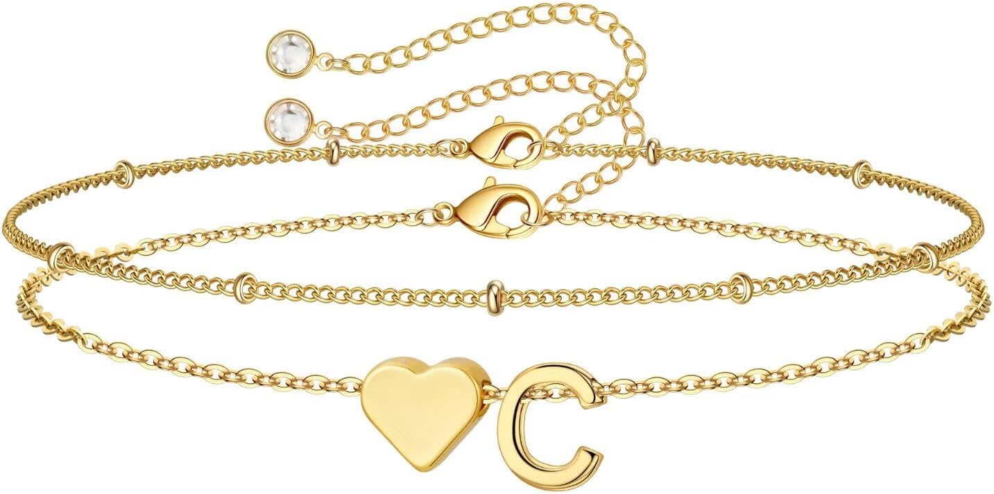 M MOOHAM Valentines Day Gifts for Kids Teen Girls -14K-Gold-Plated Heart Initial A-Z Bracelets for Women Girl Dainty Gold Bracelets Birthday Valentines Gifts for Women Her Teenage Girls Kid Teen Gift