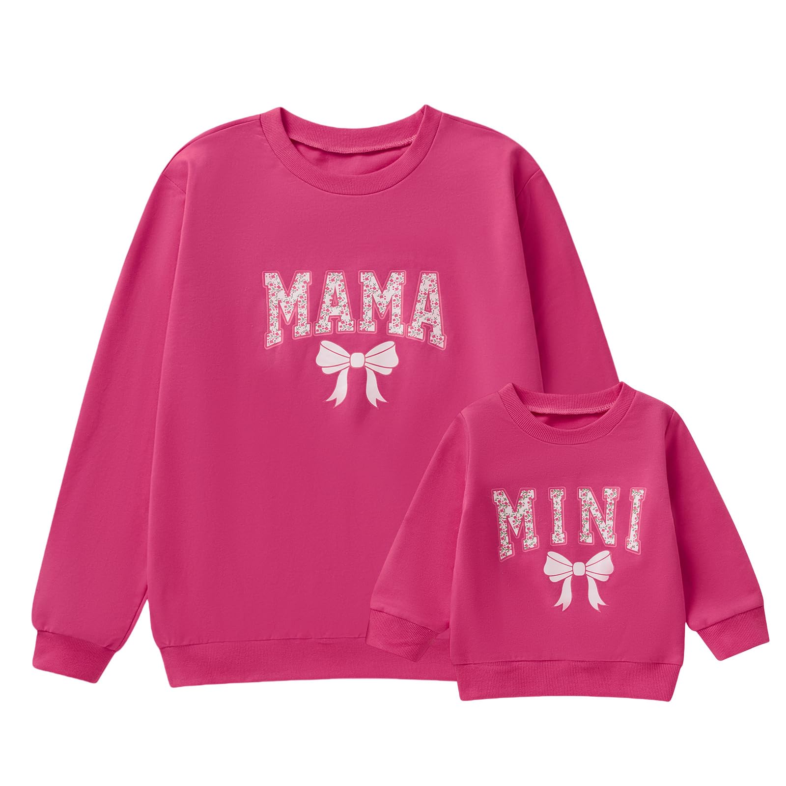 Mommy and Me Matching Outfits Cute Bow Mama and Mini Long Sleeve Crewneck Sweatshirt Tops Mother Baby Matching Clothes (Women, L, Rose Red)