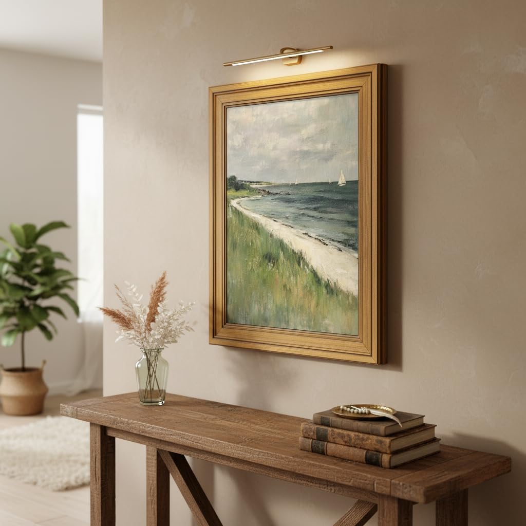 Vintage Gold Framed Coastal Landscape Canvas Wall Art, Beach Storm Clouds Poster Print Artwork, Seaside Sailboat Painting Picture Wall Decor, for Living Room, Bedroom, Home Decoration, 12x16in