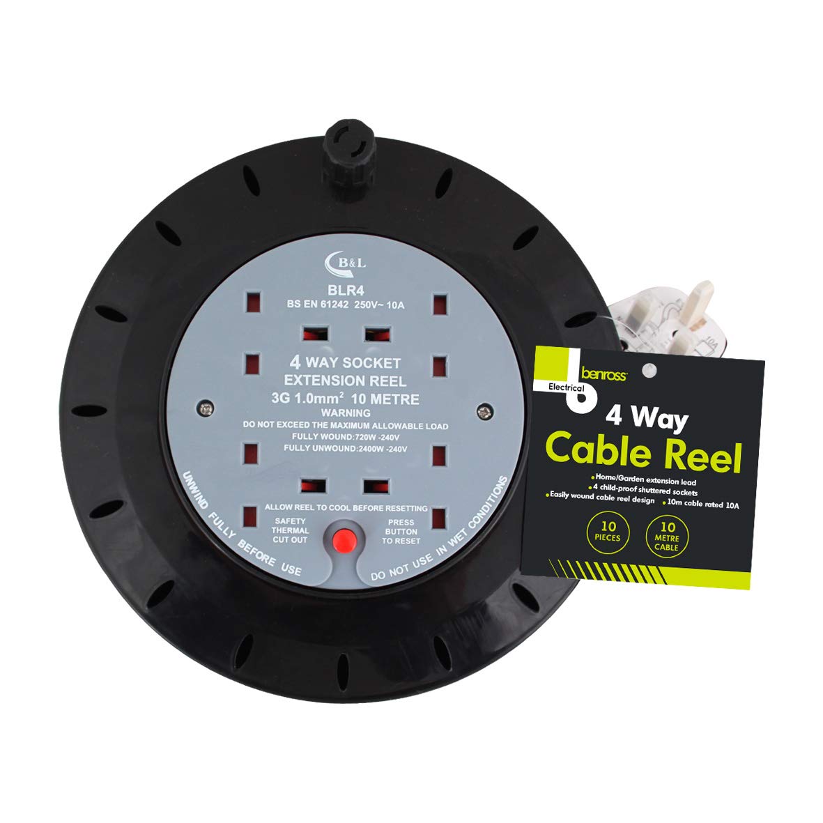 Benross Red 4-Way 10M Cable Reel Extension Lead