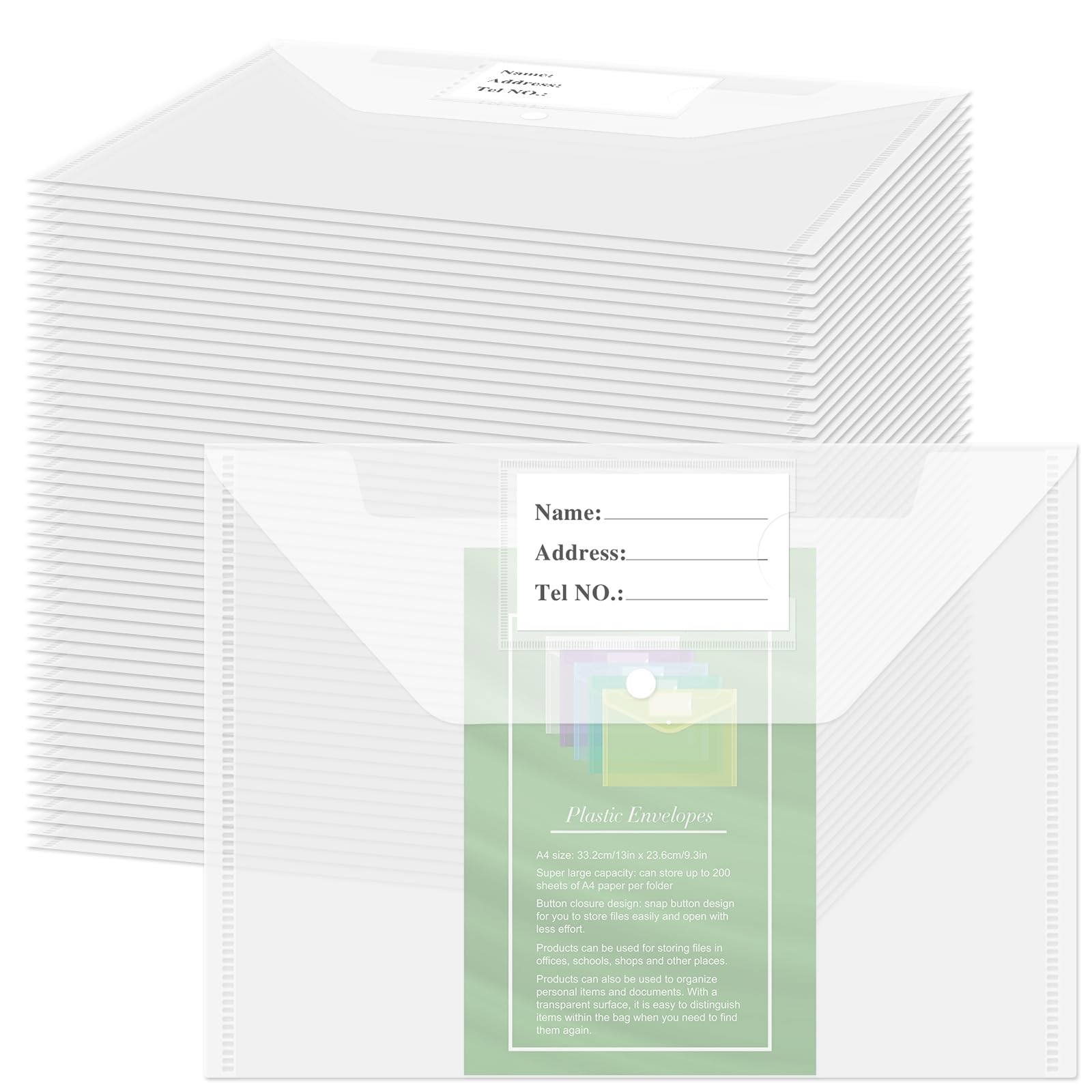 NACHLYNN Confezione da 108 buste in plastica in polietilene, 6 colori, formato A4, con etichetta, cartelle, portadocumenti, con chiusura a scatto, buste trasparenti per casa, lavoro, ufficio,