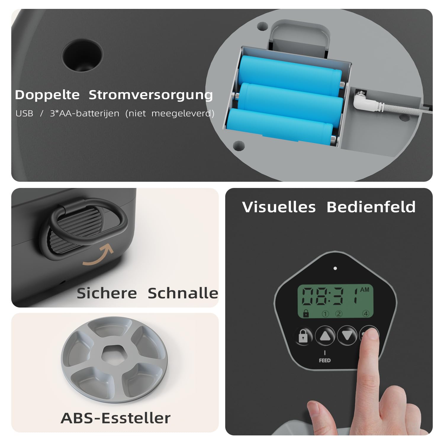 Comedero inteligente para gatos y perros – Dispensador temporizador de 5 comidas, apto para comida húmeda y seca, 2 cubos de hielo para mantener frescos, color negro