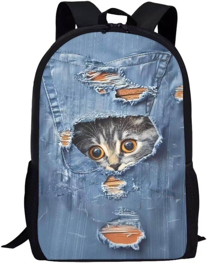 Lightweight Hiking Backpack Cute Denim Cat, Animal Print Travel Ready Daypack for Outdoor Enthusiasts 17in