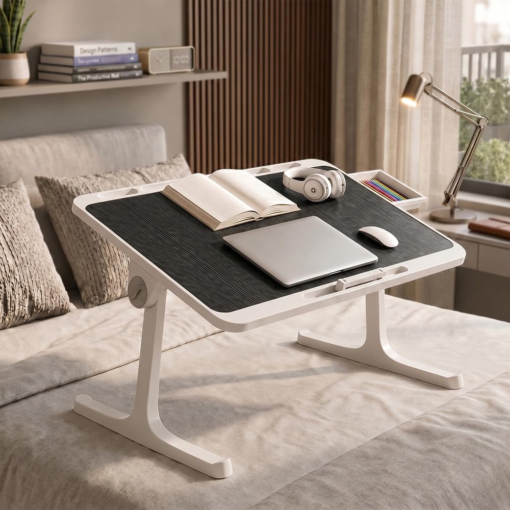 staranddaisy t9 foldable bed table for laptop & study, 4-level adjustable angled tabletop, large desktop surface with anti-slip stopper, tablet & phone slot, storage drawer, stable legs, pp & tpe