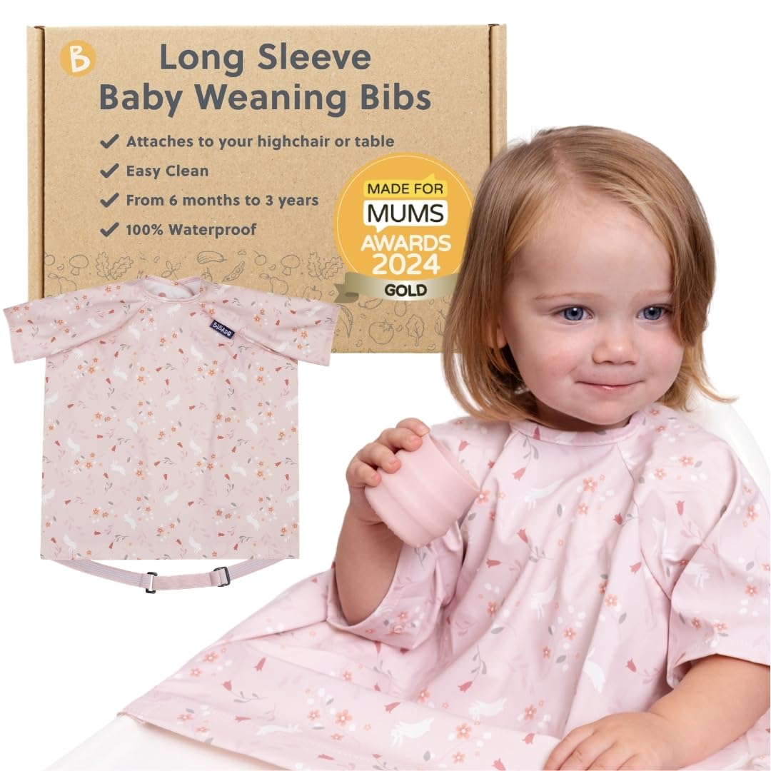BIBaDO - Short Sleeve Baby Bibs - Babies & Toddlers 6-36 Months - Coverall Baby Weaning Bib - Easy Wipe Clean & Soft Fabric - Attach to Highchair & Tables - Waterproof - Machine Washable - Baby Gifts