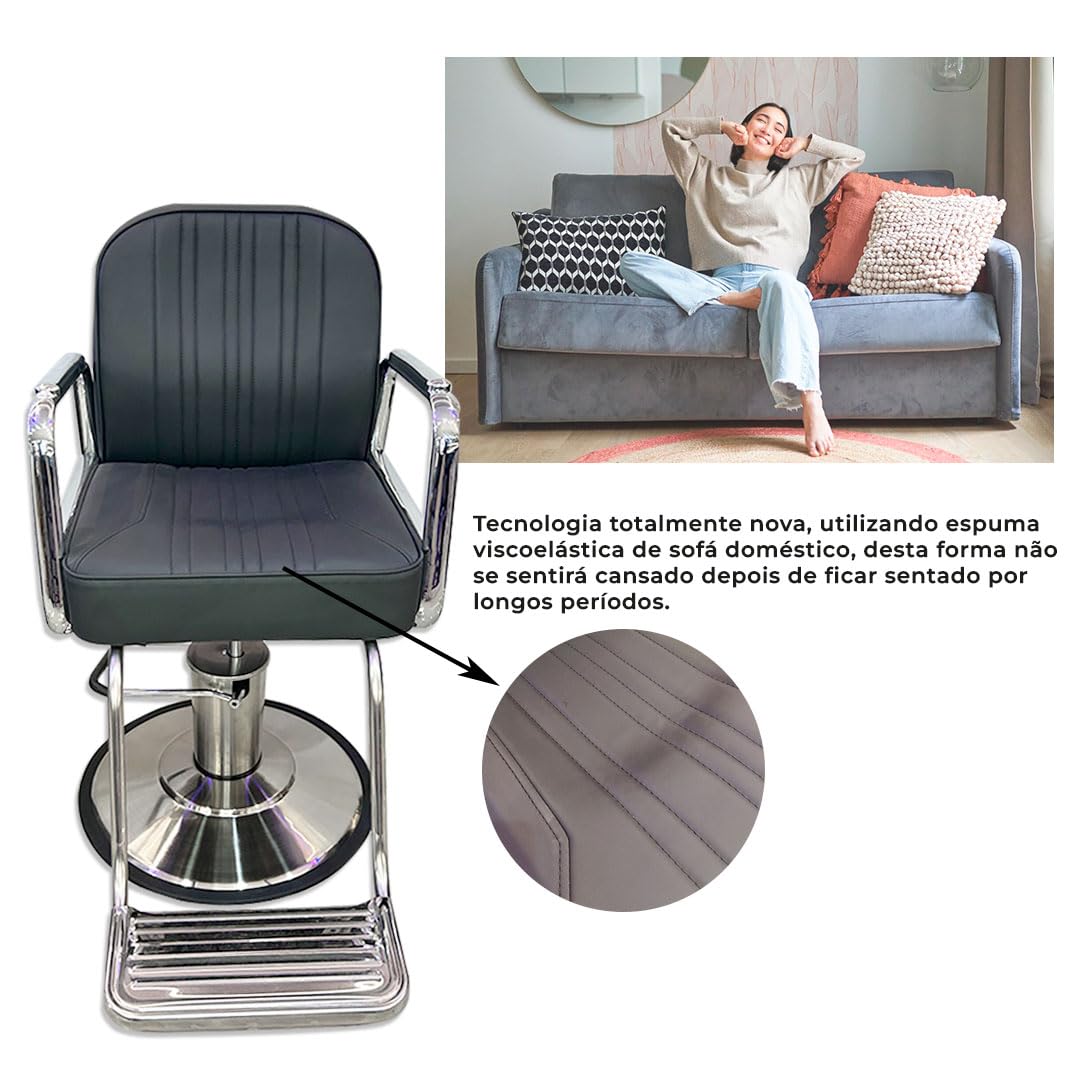 Sillón de peluquería hidráulico con estructura de acero inoxidable, tapizado con costuras verticales, reposapiés metálico, multifunción para barbería, salón de belleza, tatuaje y maquillaje