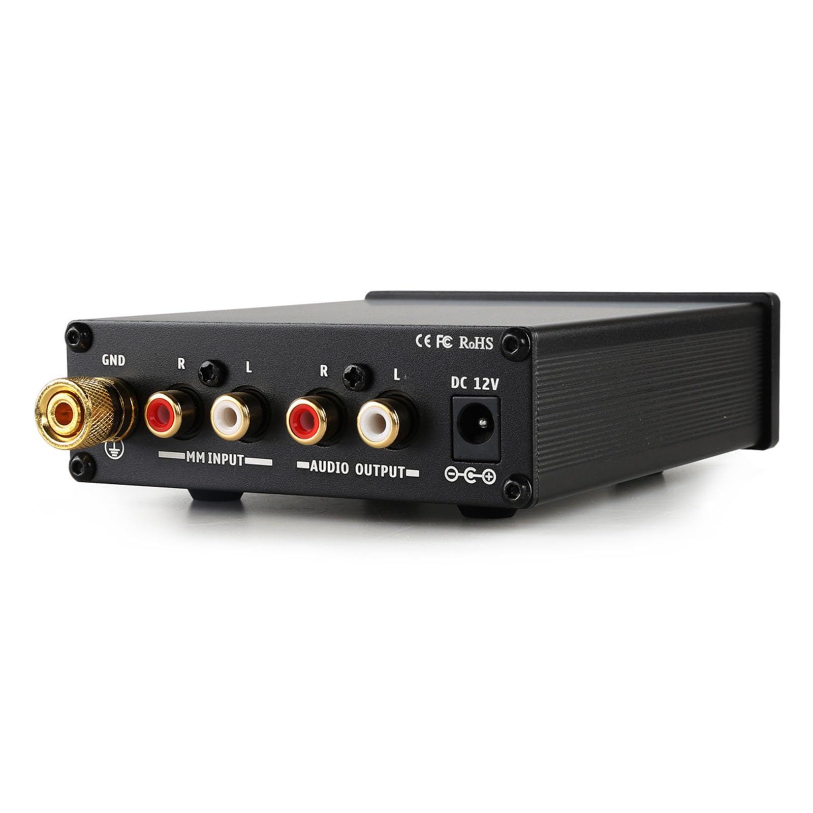 Preamplificatore Phono MM/MC, Preamplificatore Giradischi, Preamplificatore Hi-Fi, con Volume Regolabile, Ingresso e Uscita RCA, Adattatore di Alimentazione DC12V, per Mini Stereo Audio Fonografo