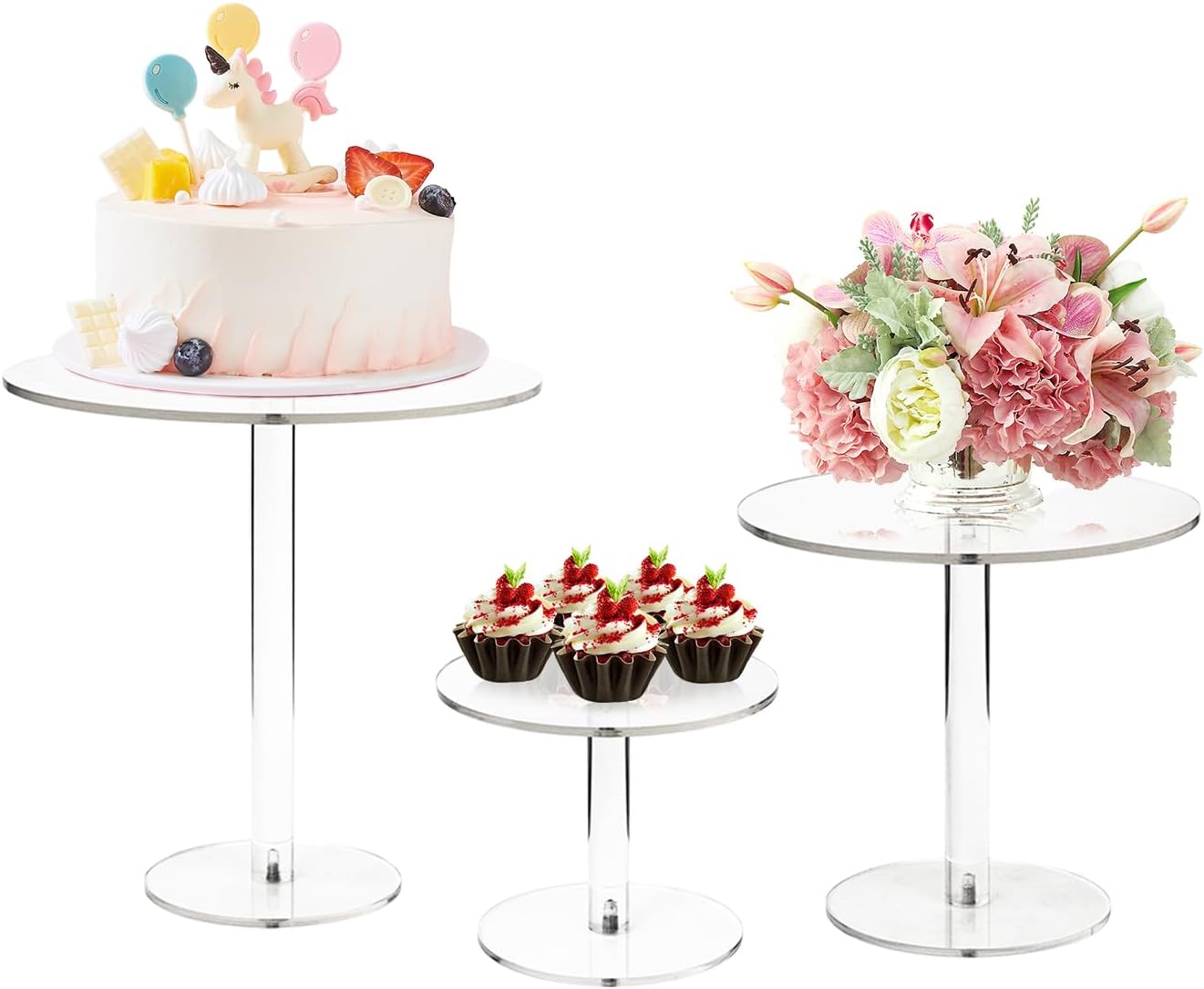 Acrylic Cake Stand, Round Cake Stands for Dessert Table, Clear Cupcake Stand for Birthday Party, Pastry Candy Pizza Display Riser for Wedding Event (3 sets)