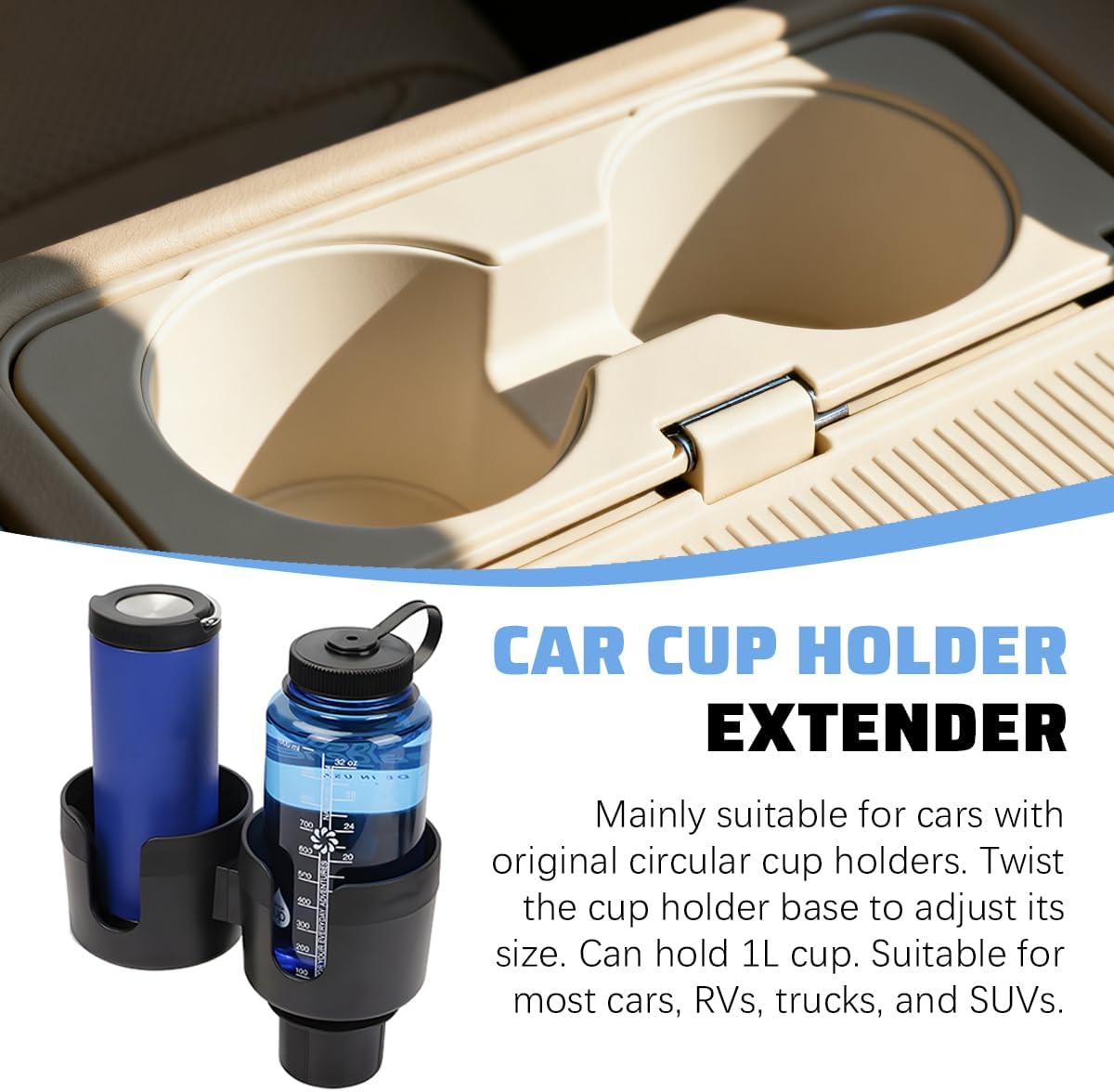 Car Double Cup Holder Expander, 2 in 1 Multifunctional Vehicle Cup Holder Adapter with Adjustable Base, Auto Drink Bottles Extender Organizer, Universal for SUV Automobile Truck (Black)