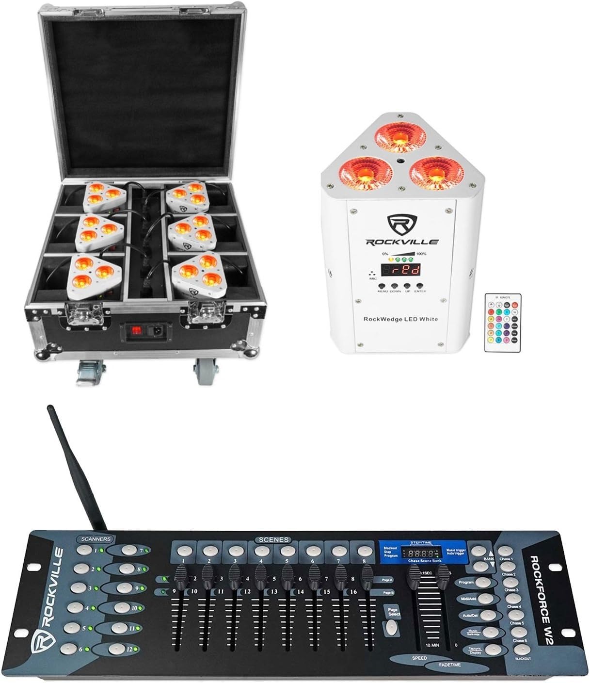 Rockville ROCKWEDGE Package White Bundle: (6) 3x6-Watt RGBWA-UV Battery Wireless Par Lights with Charging Case, ROCKFORCE W2 192-Channel 2.4GHz Wireless DMX Lighting Controller, 2-Items