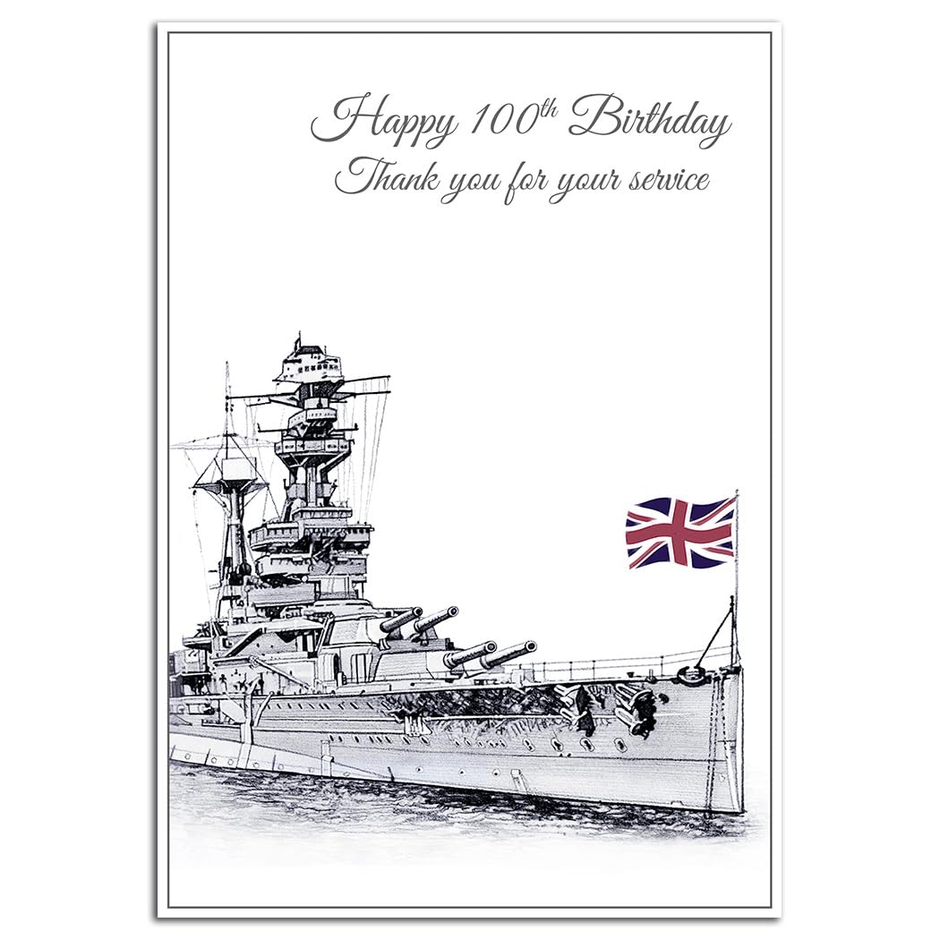 100th Birthday Card for him - Exclusive handrawn Fine Art drawing Royal Navy Battleship Design - WW2 - Stunning Keepsake greeting - Special wishes 100 year old man - Blank inside to write own message