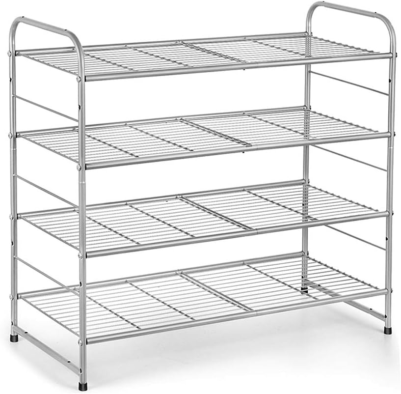 AULEDIO 4-Tier Stackable Shoe Rack, Adjustable Wire Grid Shoe Organizer Storage,Extra Large Capacity, Space Saving, Fits Boots, High Heels, Slippers and More(Silver)