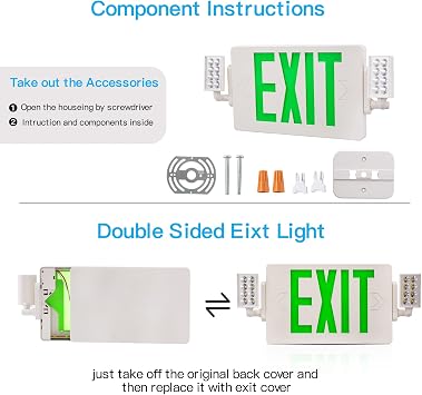 6 Pack Green Exit Signs with Emergency Lights, Two LED Adjustable Head Emergency Exit Light with Battery Backup,Hard Wired,UL Listed, AC 120/277V,Exit Sign Combo for Business