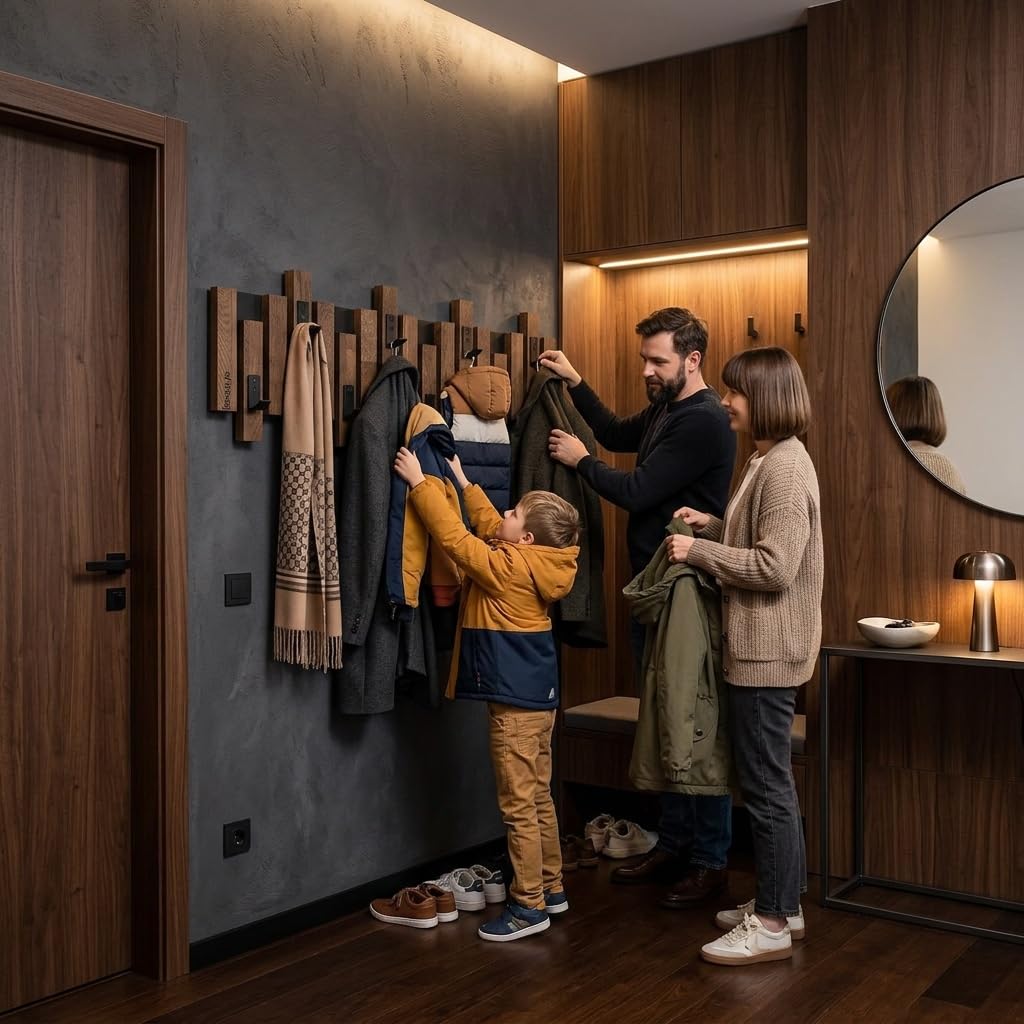 Perchero de pared de madera de roble, diseño de lamas, color negro, moderno, natural, 2 dimensiones (80 cm, marrón)