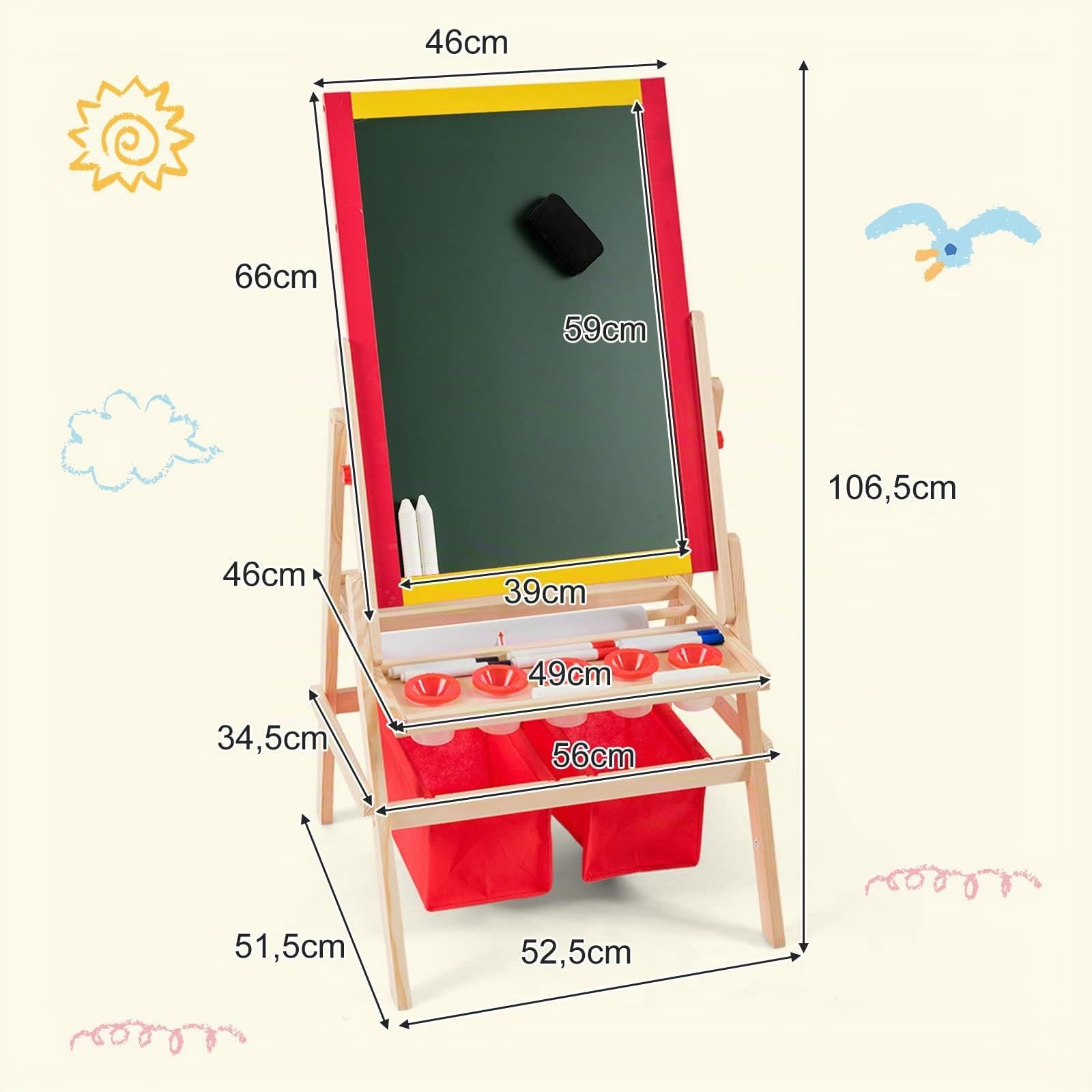 RELAX4LIFE Cavalletto per Bambini, Lavagnetta in Legno di Pino Double Face, Cavalletto Pittura per Bambini con Struttura Triangolare Stabile, Lavagna Multiattività con Lettere, 52,5x51,5x106,5 cm