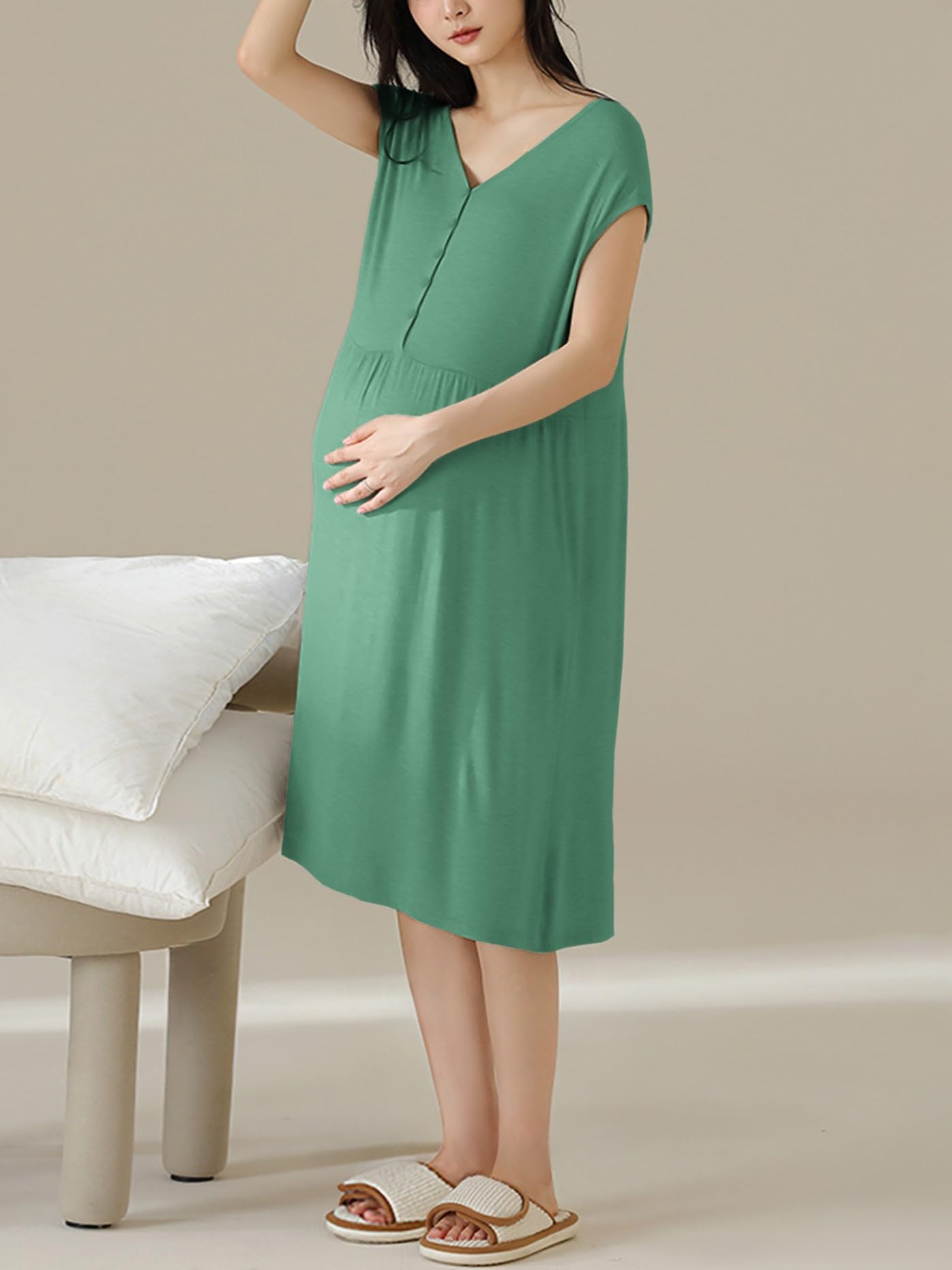 Chemise de Nuit d'allaitement Chemise de Nuit pour Femme Enceintes avec Boutons Robe de maternité sans Manches S-XXL