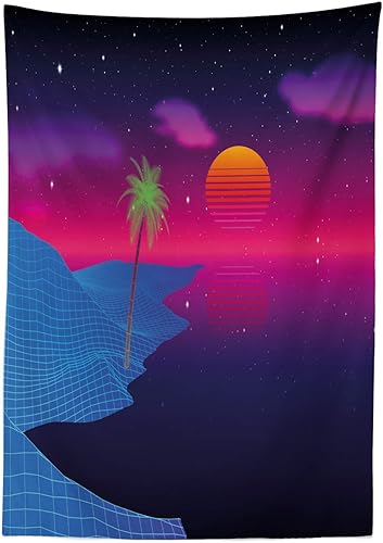 Miniatura 2 de Ambesonne Synthwave Tablecloth, Colorful Abstract Retrowave Beach with Palm and Dusk Sun Video Game, Rectangular Table Cover for Dining Room Kitchen