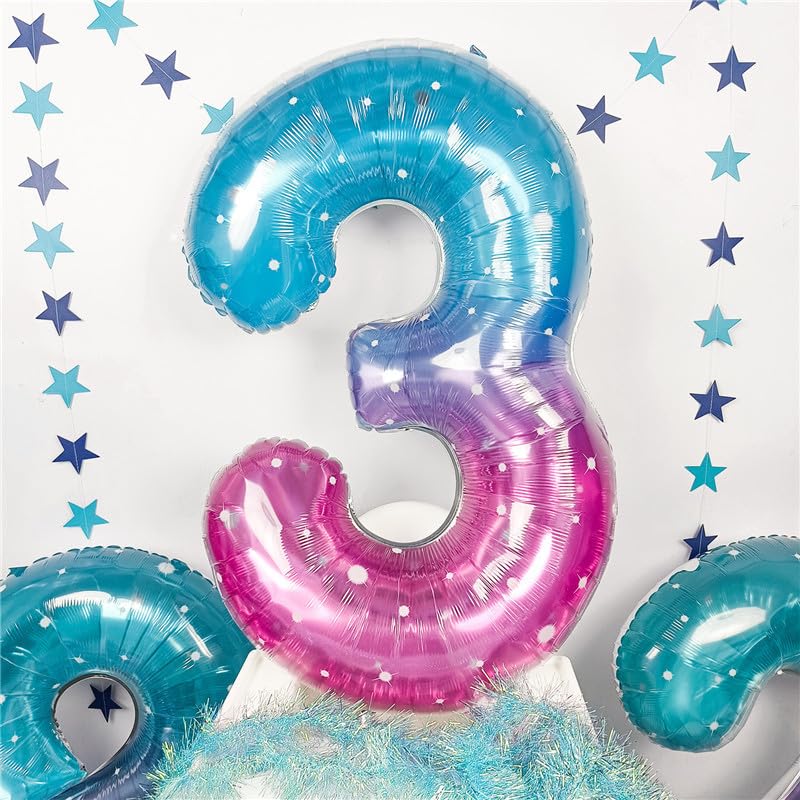 Image of Large Blue Pink Starry 3 Balloons, 40 Inch Giant Mermaid Helium Mylar Foil Globos Numero for Girls, Self Inflating Rainbow 3rd Birthday Balloon for Women Three Anniversary Party Decorations Supplies