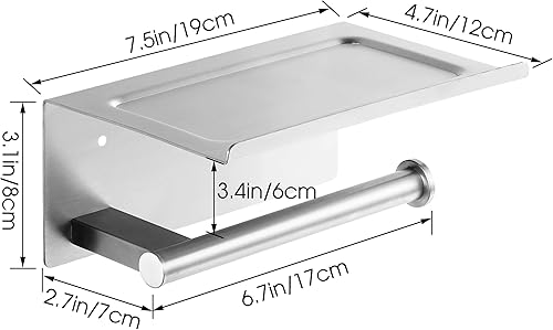 Miniatura 6 de Soporte de papel higiénico con estante, soporte adhesivo montado en la pared para baño, soporte para rollo de pañuelos con estante de almacenamiento