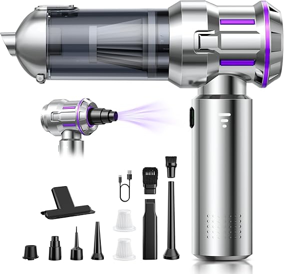 Aspirabriciole Senza Fili, 25000Pa Aspirapolvere Auto con Scarico Polvere Automatico a un Tocco, 4 in 1 Mini Aspirapolvere, Motore Brushless, Aspirazione a 3 Velocità per Peli di Animali, Auto, Casa