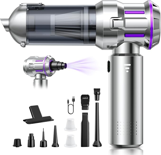 Handstaubsauger, 25000Pa Handstaubsauger Akku Kabellos, 1-Knopf-Selbstentleerung & 4-in-1 Autostaubsauger mit Bürstenlosem Motor, 3 Stufen Mini Staubsauger, Ideal für Tierhaare, Auto, Haushalt, Silber