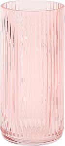 Ribbed Pink Glass Vase - 8 Inch Modern Ribbed Vase for Flowers, Living Room, Bathroom, Dining Table, Office, Wedding, Centerpieces