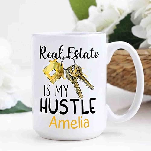 Miniatura 3 de Taza de café personalizada de cerámica blanca de 11 onzas, 15 onzas, nombre personalizado, taza de té Real Estate Is My Hustle, novedosa taza de