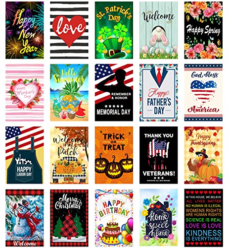 Yileqi 20pcs Seasonal Garden Flags Set Double Sided Holiday Small Yard Flags, Spring Summer Garden Flag for Outdoor Decoration 12x18 Inch Durable Anti-Fade