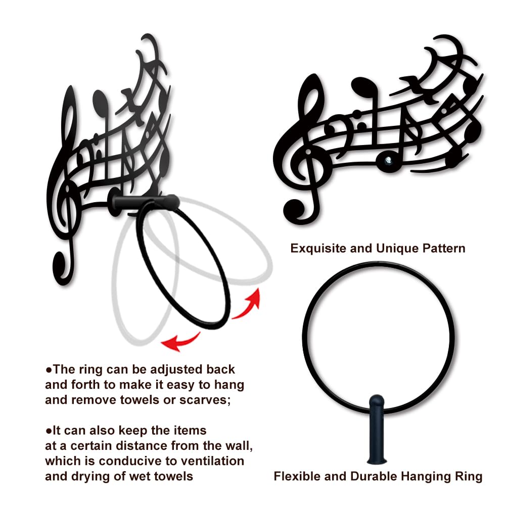 MAYJOYDIY Pentatonische Note, Metall-Handtuchring, Musiknoten-Handtuchhalter, musikalischer künstlerischer Stil, Handtuchring, schwarzer Handtuchhalter, Wandmontage, für Badezimmer, Küche,