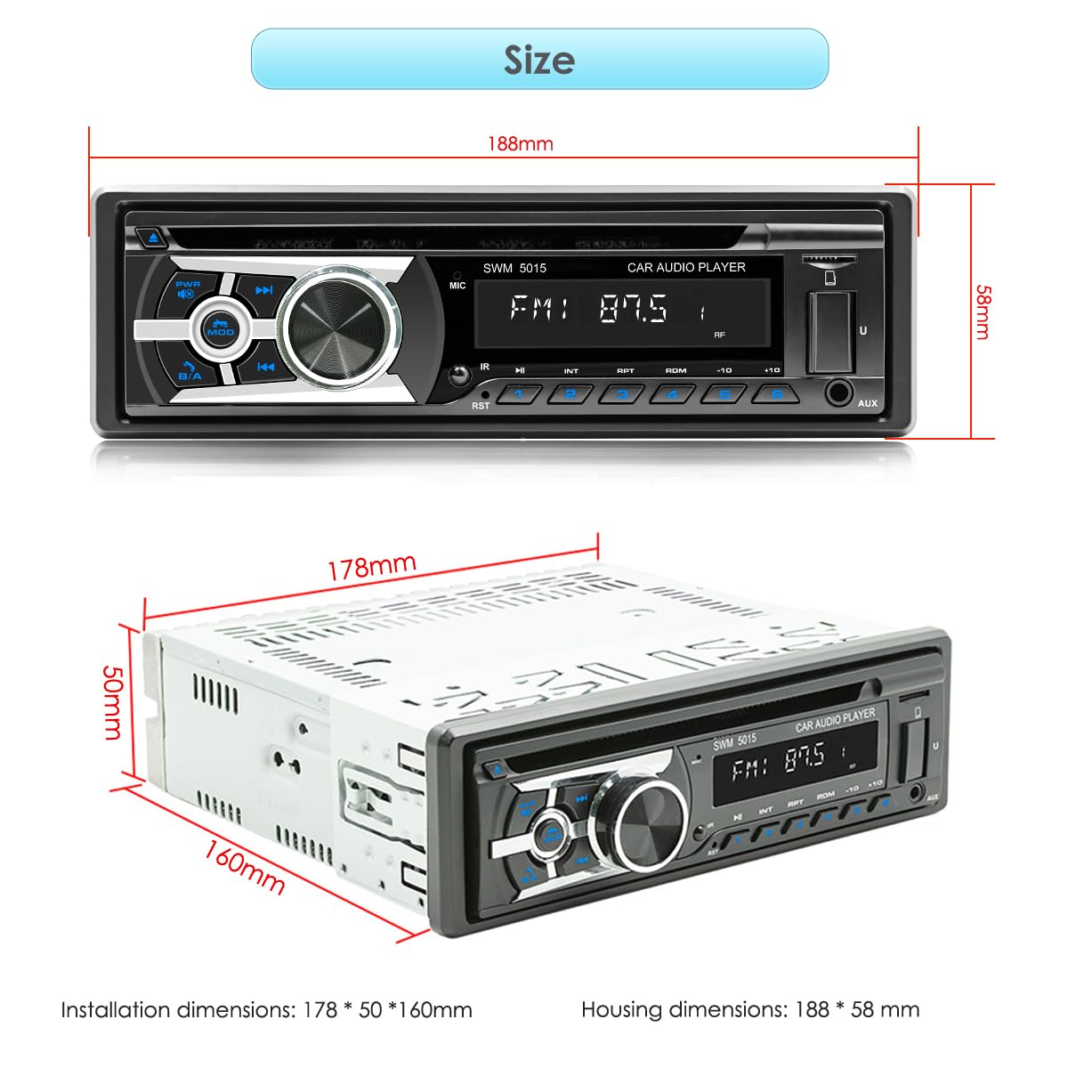 Radio de Coche con Reproductor de CD Bluetooth y Llamadas Manos Libres, Bluetooth 1 DIN USB/TF/Reproductor de MP3/entrada AUX, Radio FM/Am, RDS, RCA, función de búsqueda automática, 60 W x 4