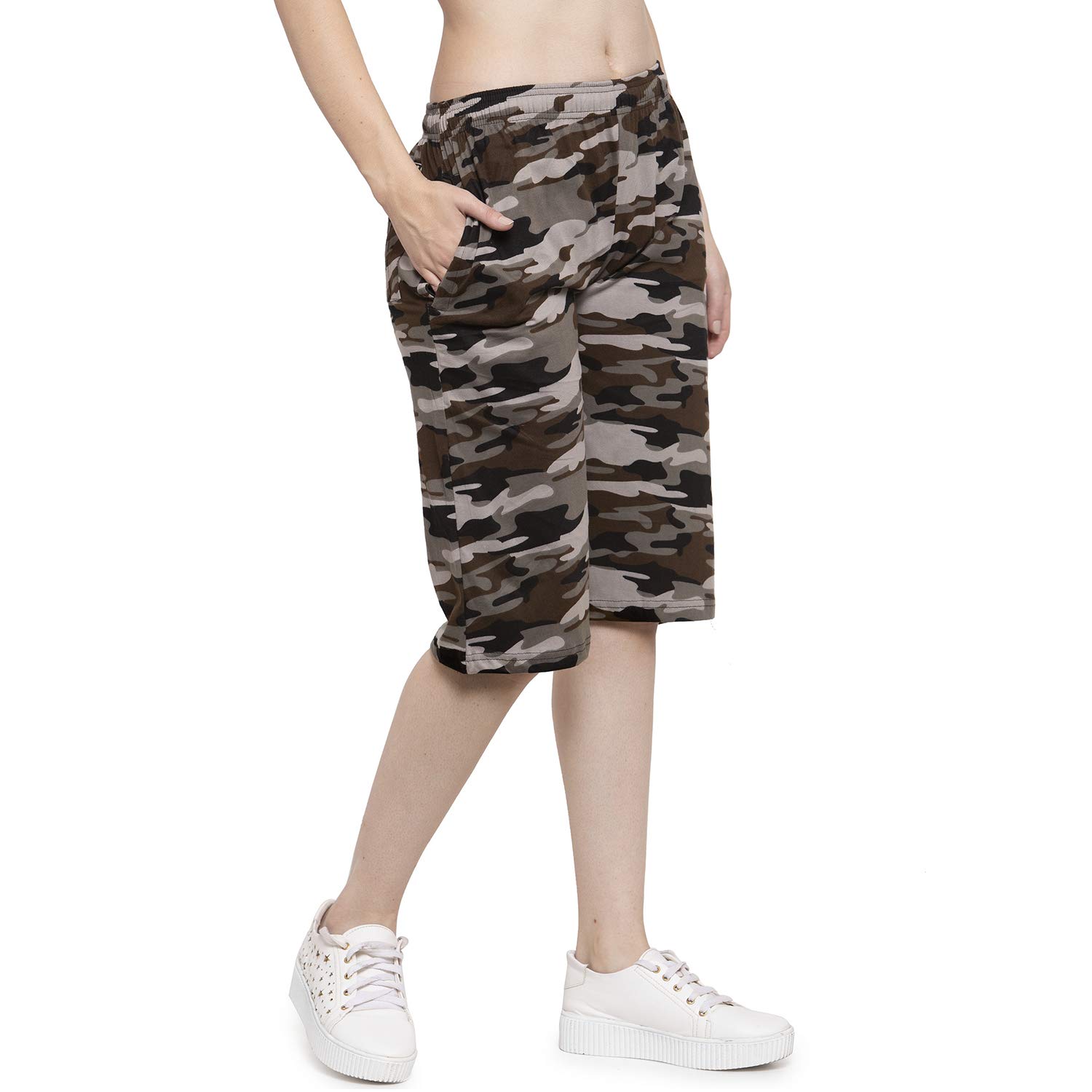 UZARUS Women's Girls Cotton Three Fourth Capri Shorts with Two Zippered Pockets Brown - Image 3 thumbnail