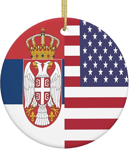 Banderas americanas y serbias adornos de cerámica para colgar, adorno colgante personalizado de Navidad para decoración del hogar
