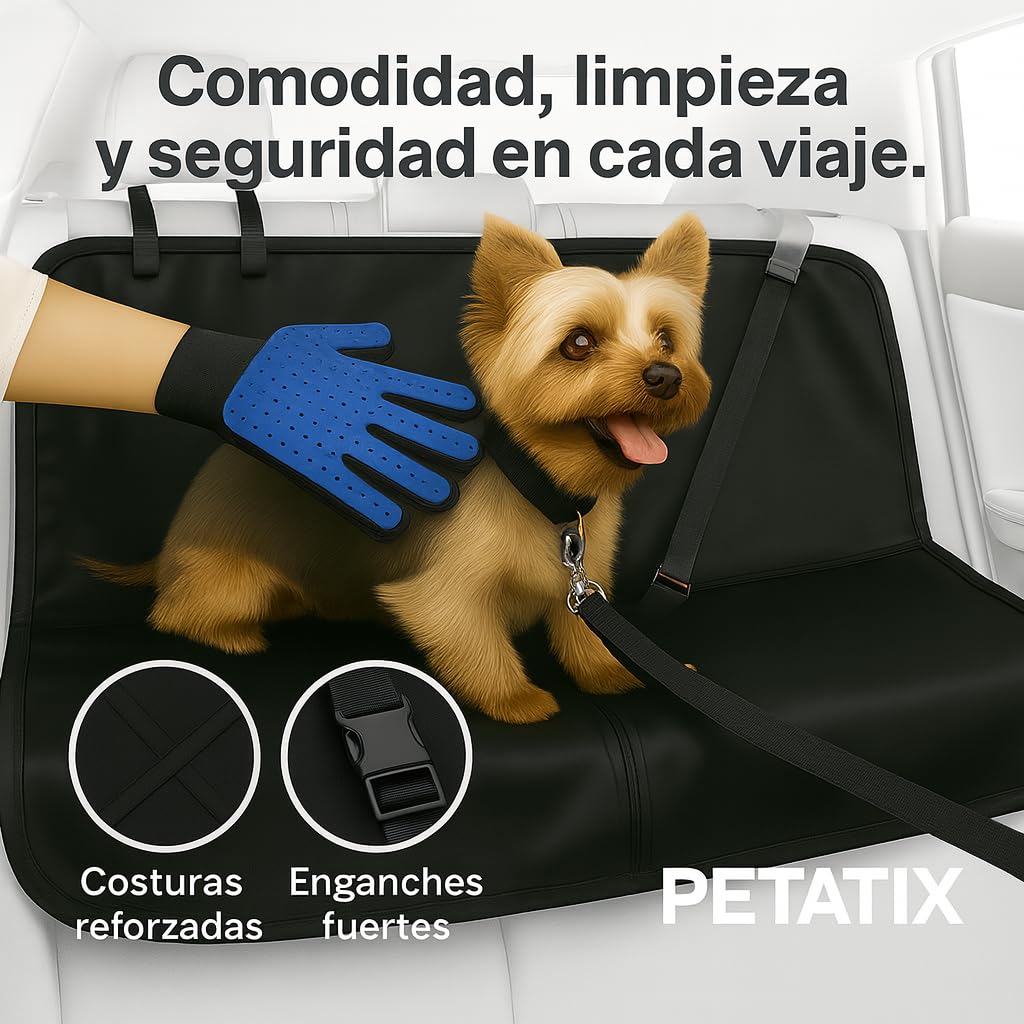 Funda Coche Perro 144x144cm con Cinturón de Seguridad y Manopla Cepillo – Protector Impermeable Asiento Trasero Antideslizante – Kit Completo para Viajar con tu Mascota