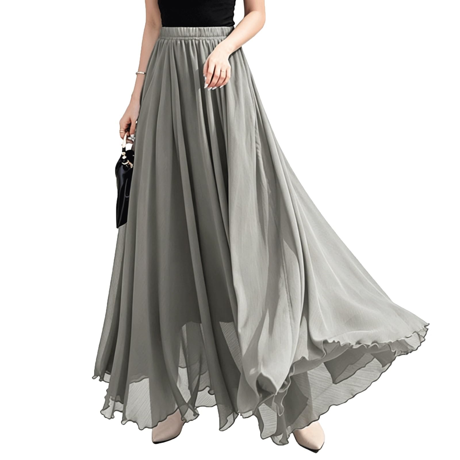 DUddTTW Solid Color Women's Maxi Skirts High Waisted Midi Swing Skirt Casual(Gris,Lagre)
