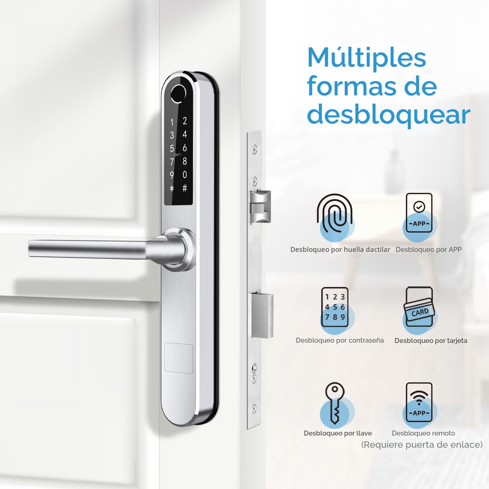 Ruveno Cerradura de puerta inteligente delgada con huella dactilar Bluetooth con pantalla táctil, teclado con huella dactilar Llaves de tarjeta de desbloqueo para puerta batiente de aluminio(plata)