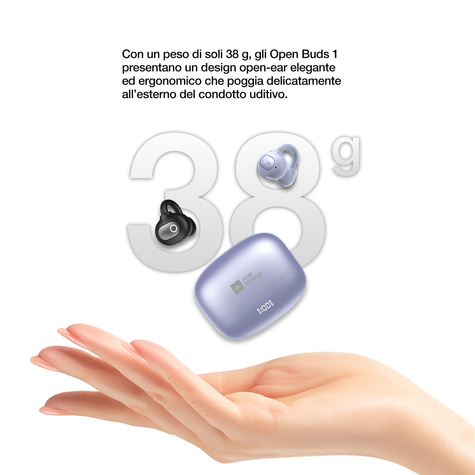 AGM Open Buds 1 Auricolari Bluetooth 5.4 Wireless, Design Open-Ear & Microfono ENC, Cuffie Leggere Senza Dolore all'Orecchio, IPX4 Impermeabile, Custodia USB-C con Display LED