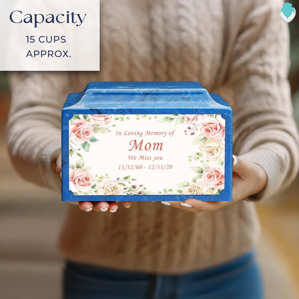 GetUrns Cultured Marble Urn Vault by Mackenzie with Personalized Flowers and Text for Human Ashes I Mystic Blue Adult Urns for Male and Female I 210lbs